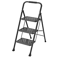 HBTower 3 Step Ladder, 3 Step Stool for Adults, 3 Step Ladder Folding Step Stool with Cushioned Handle,330 lbs Capacity,Step Ladder with Wide Anti-Slip Pedal Ergonomic Design,Black
