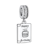 Bling Jewelry Personalize Words Saying Happy Birthday Celebration Book Birthday Cake Candles Ice Cream Cone Charm Dangle Bead For Women Teen .925 Sterling Silver Fits European Bracelet Customizable