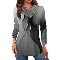 Long Sleeve Tops for Women Casual Ruched Vneck Color Block Shirts Fashion Button Sweatshirts Trendy Clothes
