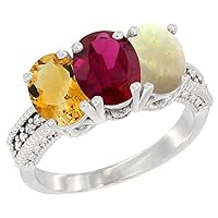 Silver City Jewelry 14K White Gold Natural Citrine, Enhanced Ruby & Natural Opal Ring 3-Stone 7x5 mm Oval Diamond Accent, Size 9.5