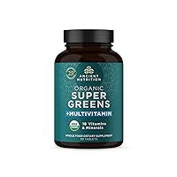Ancient Nutrition Organic SuperGreens and Multivitamin Tablets with Probiotics, Made from Real Fruits, Vegetables and Herbs, for Digestive, Detoxification and Energy Support, 90 Count