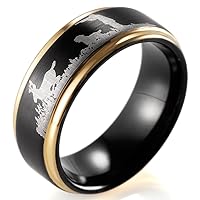 Men's 8mm Brushed Black Tungsten Ring with Gold Step Edge and Engraved Hunter
