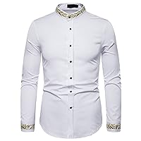 Men's Collarless Long Sleeve Fashion Embroidered Shirt Hipster Slim Fit Gold Embroidery Casual Dress Shirts
