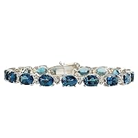 26.6 Carat Natural London Blue Topaz and Diamond (F-G Color, VS1-VS2 Clarity) 14K White Gold Tennis Bracelet for Women Exclusively Handcrafted in USA
