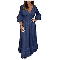 Lace Eyelet Maxi Dress for Women Deep V Neck Bell Sleeve High Waist Elegant Long Dress Summer Boho Beach Party Sundress