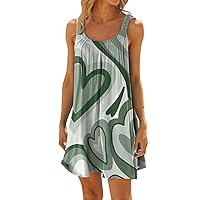 HTHLVMD Birthday Sleeveless Sundress Womans Summer Knee Length Beautiful Fitted Cotton Tunic Printed Crewneck Comfort Ruched Tunic for Ladies Green