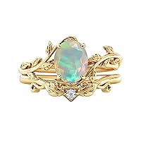 10K 14K 18K Solid Gold Natural Diamond Oval Vintage Gemstone Engagement Ring Set Leaf Art Deco Ring Set Oval Cut Unique Vine Gemstone Bridal Wedding Ring Set Size 4~12