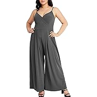 Oversized Sleeveless Jumpsuits for Women,Sexy V Neck Spaghetti Strap Cross Wrap Rompers,Wide Leg High Waist Zipper Onesie