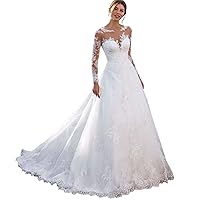 Women's Scoop Neck Wedding Dresses Long Sleeve Lace Appliques Bridal Gown