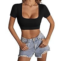 LYANER Women's Summer Crop Tops Square Neck Short Sleeve Workout Shirt Going Out Sexy Top Basic Slim Fit Tees