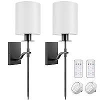 SURAIELEC Battery Operated Wall Sconce, Dimmable Wireless Sconces with Remote Control, 3 Color Temperatures, Indoor Picture Light for Bedroom, Power Outage Lights, White Linen Shade, Set of 2