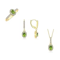 Matching Gold Jewelry 14K Yellow Gold Halo Designer Set: Ring, Earring & Pendant Necklace. Gemstone & Diamonds, 6X4MM Birthstone. Sizes 5-10.