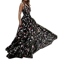 Womens Black Prom Dress Sexy Double Deep V Neck Long Embroidery Lace Dress Elegant A-Line Formal Evening Party Gowms