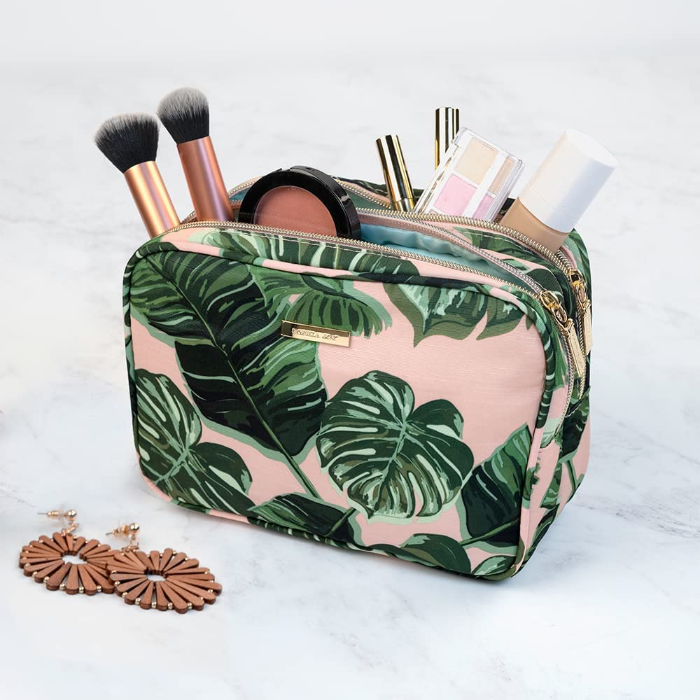 Conair Makeup Bag, Large Double Zip Toiletry and Cosmetic Bag, Perfect Size for Use At Home or Travel, Double Zip Organizer Shape in Pink Palm Print