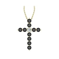14k Yellow Gold timeless cross pendant set with 10 charismatic black diamonds (1/2ct, I1 Clarity) encompassing 1 round white diamond, (.055ct, H-I Color, I1 Clarity), hanging on a 18