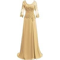 Lace Appliqued Mother of The Bride Dresses 3/4 Sleeves Scoop Long Formal Evening Dress