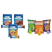 Pure Protein Bars, High Protein, Nutritious Snacks to Support Energy, Low Sugar, Gluten Free & Quest Nutrition Tortilla Style Protein Chips Variety Pack, Chili Lime, Nacho Cheese, Loaded Taco