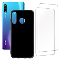 Huawei P30 Lite(6.15 Inch) Design Case with 2 Pack Tempered Glass Screen Protector,for Huawei Nova 4E Slim Soft Silica Gel TPU Protective Cover. Black