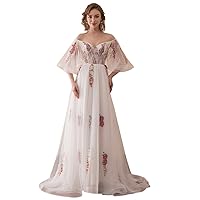 Women's Off-Shoulder Bell Sleeves Embroidery Tulle Wedding Dress