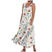 Linen Dress for Women 2024 Summer Flowy Sleeveless Maxi Dress Printed Tank Dress Casual Long Dresses with Pockets