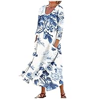 Dresses for Women 2024 Printed 3/4 Sleeve Sun Dress with Pocket Swing Lightweight Dress Flowy Vacation Beach Dress
