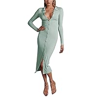Kelly Green Dress,Women Long Sleeve Button Closure Dress Rib Pack Hip Solid Color Casual Dress Casual Stripe Dr