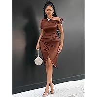 Dresses for Women - Satin Asymmetrical Neck Knot Ruched Wrap Hem Bodycon Dress (Color : Brown, Size : Medium)