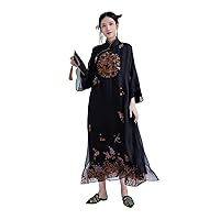 Women's Everyday Dress Silk Dragon Embroidery Dress Loose Black Dress 2595