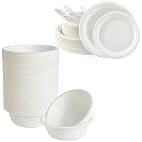 ECOLipak 150 Pack 12oz Compostable Bowls and 175 Pack Paper Plates Set include-9 Inch and 7 Inch Plates & Eco Friendly CPLA Forks, Knives and Spoons