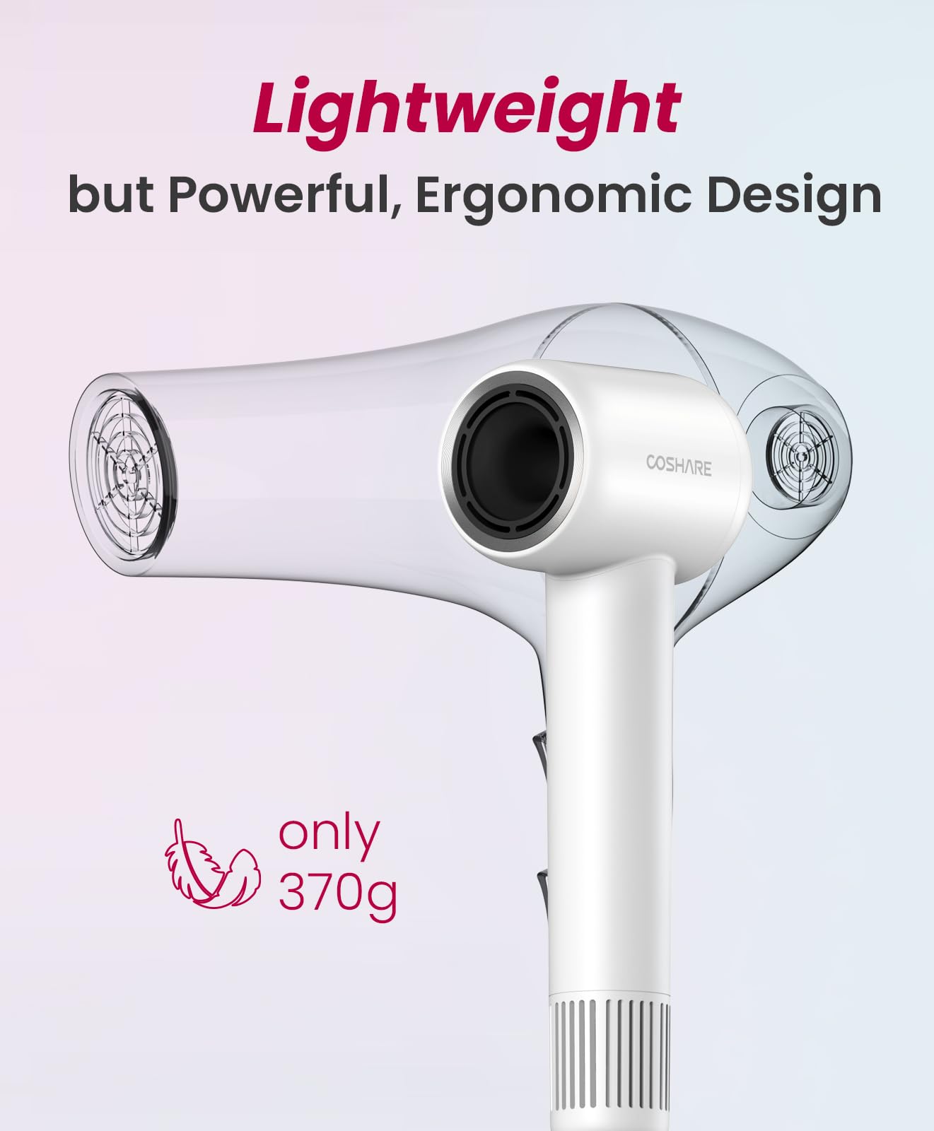 COSHARE Fast Drying Ionic Hair Dryer, 500 Million Negative Ion Blow Dryer, with No Hair Damage, No Frizz Essence Ring, Lightweight, Low Noise, SuperFlow1 High Speed Hair Dryer, White