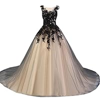 Women's Scoop Applique Empire Pleated Long Puffy Prom Dress with Corset Back Train