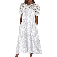Summer Dresses for Women 2023 Boho Dresses for Women Summer Short Sleeve Lace Hollow Out Crew Neck Casual