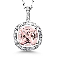 Gem Stone King 925 Sterling Silver Gemstone Birthstone and White Moissanite Necklace | Cushion 12MM Pendant Necklace for Women | With 18 Inch Silver Chain