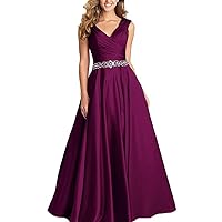 V-Neck Pleated Satin Prom Dress Beaded Long Formal Evening Gowns for Women