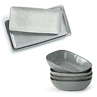 Famiware Rectangular Serving Platter+Pasta Bowls, (7 Pcs) Plate Set, Serving Dishes, Reactive Glaze, Microwave Dishwasher Safe, Ocean Series, Grey