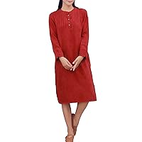 Women's Casual Loose Long Sleeves A-Line Midi Cotton Linen Shirt Dress