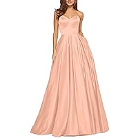 Women's Strapless Prom Dress Floor Length A Line Satin Evening Party Dress with Pocket