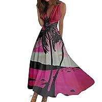 Summer Sleeveless Swing Dress Womens V Neck Trendy Maxi Dress Women's Boho Waist Retraction Printed Fashion Long Dress