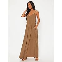 Dresses for Women Women's Dress Hidden Pocket Maxi Cami Dress Dresses (Color : Brown, Size : Large)