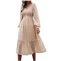 Women's Casual Swiss Dot Midi Dress Lantern Long Sleeve V Neck A-Line Dresses Smocked High Waist Flowy Fashion Dress
