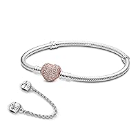 Pandora Jewelry Bundle with Gift Box - Sterling Silver Family Forever Safety Chain Charm & Moments Rose Gold Snake Chain Charm Bracelet with Heart Clasp with CZ, 6.3