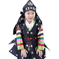 Korean Hanbok Boys Babys Traditional Birthday Vest and Cap Dark Navy