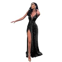 V-Neck Prom Dresses Long Mermaid for Women 2023 Sexy Sparkly Sequins Evening Formal Party Gown with Slit DR0239