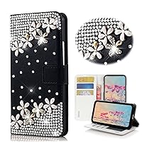 STENES Bling Wallet Phone Case Compatible with Samsung Galaxy A35 5G Case - Stylish - 3D Handmade Flowers Floral Design Magnetic Wallet Stand Girls Women Leather Cover - Black