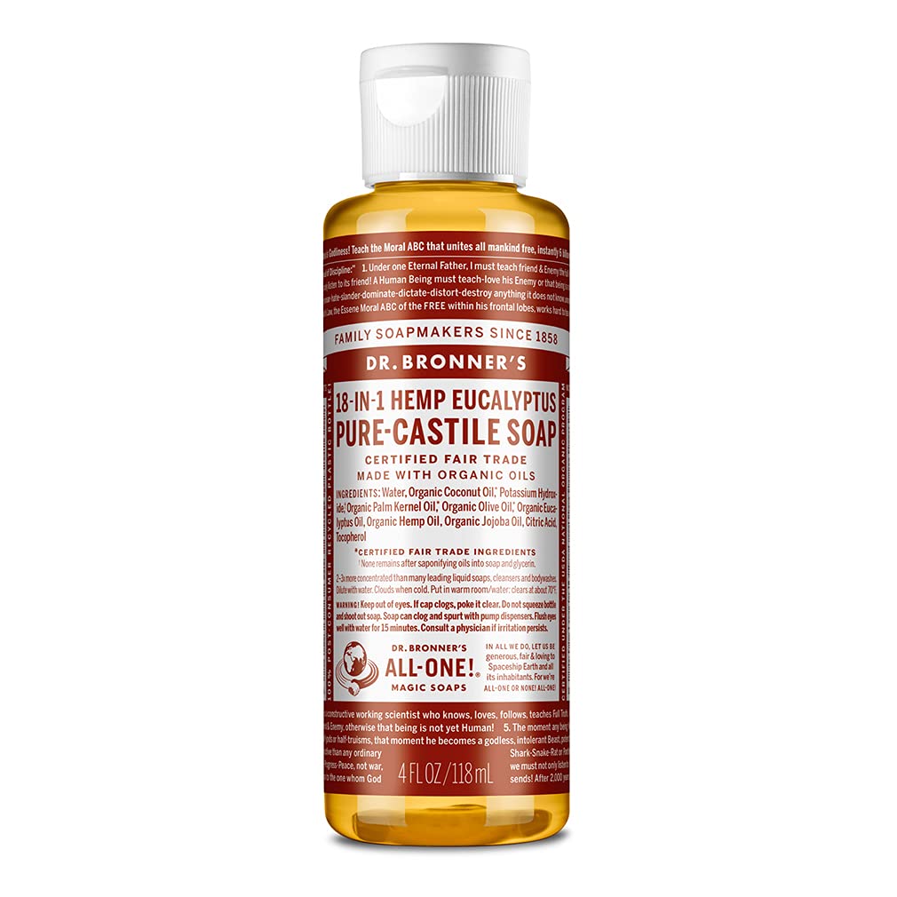 Dr. Bronner's - Pure-Castile Liquid Soap (Eucalyptus, 4 ounce) - Made with Organic Oils, 18-in-1 Uses: Face, Body, Hair, Laundry, Pets and Dishes, Concentrated, Vegan, Non-GMO