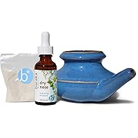 Sinus Ayurvedic Care Kit - Ceramic Neti Pot (Blue), Perfect for Sinus Relief. (1 oz) Premium Quality Essential Oils and Mineral Salt Rinse (2 oz).