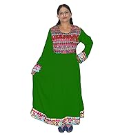 Women's Long Dress Casual Green Color Embroidered Maxi Gown Girl's Fashion Tunic Plus Size