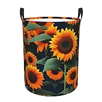 Orange Sunflower Round waterproof laundry basket,foldable storage basket,laundry Hampers with handle,suitable toy storage