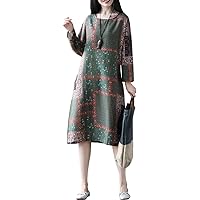 Women Dress Ethnic Printed Cotton Linen Plus Size Midi Bat Long Sleeve A-Line Dresses
