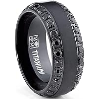 Men's Black Titanium Dome Brushed Finished Wedding Band Engagement Ring with Black Cubic Zirconia